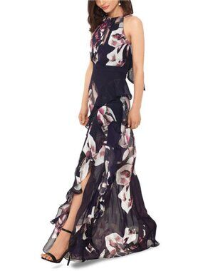 Betsy & Adam Karla Floral Print Chiffon High Neck Ruffle Maxi Dress 2